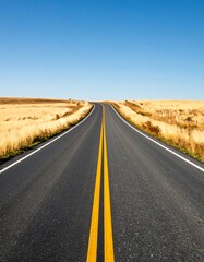 Straight road through golden fields