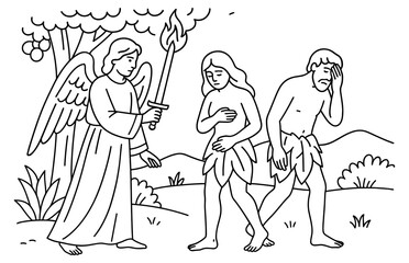Fototapeta premium Expulsion from eden biblical scene - adam and eve with angel