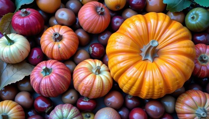 Colorful Autumn Harvest Display of Pumpkins and Fresh Garden Produce