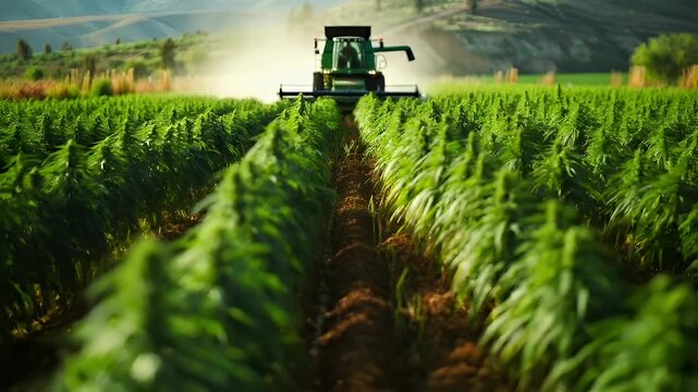 Cannabis marijuana. A vivid, highresolution photograph of a lush green field with a tractor in the foreground. The tractor is in motion, with its front end facing the viewer.