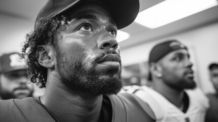 Intense black and white portrait of American football player in locker room with teammates. Concept of determination, strength, competition, athlete mindset, motivation, leadership and team spirit.