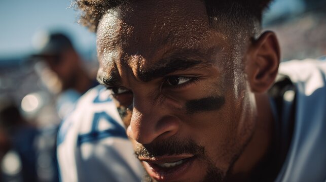 Close up of intense American football player during game, symbolizing determination, strength, focus, competition, motivation, and the powerful spirit of professional sports. - Powered by Adobe