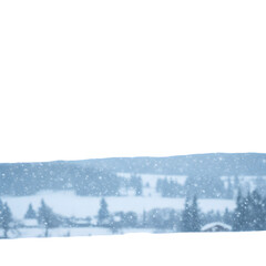 Winter Landscape Photo with Snow Falling over Trees and Snowy Hills