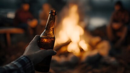 A hand holds a beer bottle near a warm campfire with blurred friends gathered around