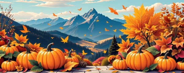 Vibrant Autumn Landscape with Pumpkins and Colorful Foliage