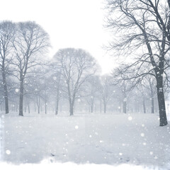 Fototapeta premium Winter Scene Illustration Snowfall In White Forest With Trees And Snowy Sky