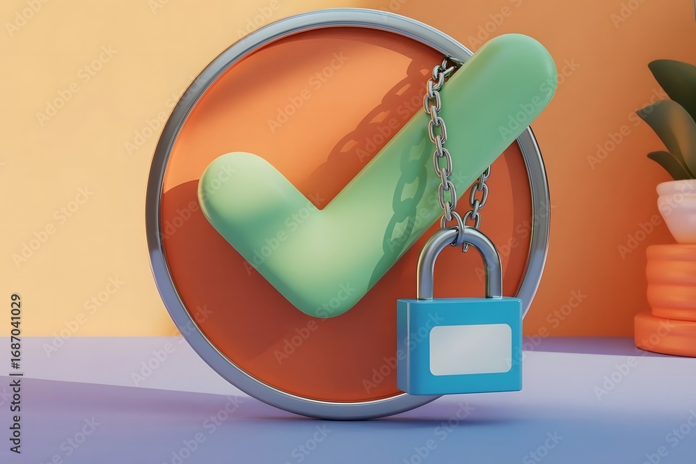 Poster securely approved and verified concept with a green checkmark inside a circular frame locked by a bl