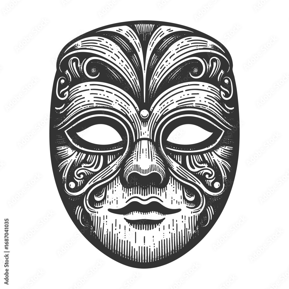 Poster haunting jester-style mask with flowing ribbon-like extensions, carved features, and a gothic myster