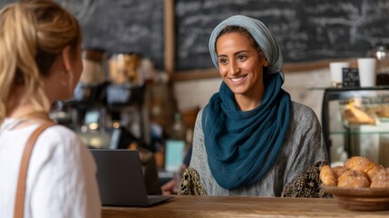 Barista engages with customer at coffee shop urban setting portrait friendly environment close-up perspective community vibe
