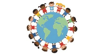 diverse children holding hands around world globe to celebrate World Peace Day
