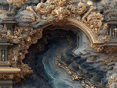 Digital pulse patterns merging with gold-etched ancient stone relief textures
