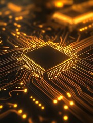 A detailed close-up of a glowing circuit board, showcasing intricate electronic pathways and futuristic technology