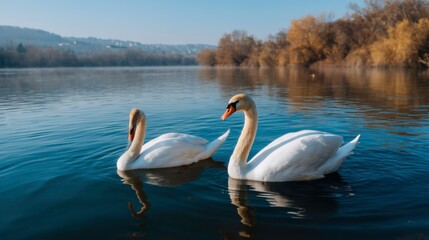 Swans gliding gracefully on a serene lake nature scene early morning tranquil environment side view