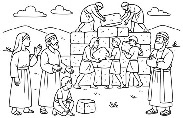 Ancient tribal stone altar construction scene for historical education and cultural exploration