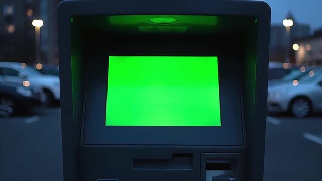 Modern Parking Payment Terminal with a Blank Green Screen for Custom Content in a City Lot at Night