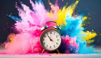 Colorful explosion surrounds a classic alarm clock