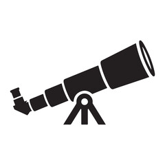 Black silhouette of a telescope on a tripod stand on a white background astronomy space