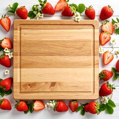 Strawberries and a wooden cutting board on a white surface