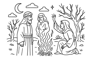 Obraz premium Biblical scene of saul meeting witch for spiritual encounter in desert setting