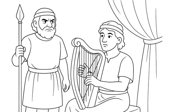 Biblical scene - saul and david confrontation with harp and spear