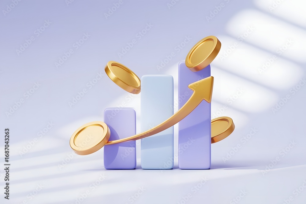 Poster 3d rendering of a financial growth concept with a rising arrow chart and golden coins symbolizing in
