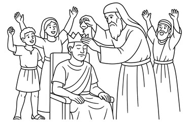 Biblical scene of solomon's anointing as king with celebrating figures in outline art for educational resources