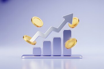 3d illustration of a rising bar graph with an upward trending arrow and floating gold coins symbolizing financial growth and investment success on a soft purple background