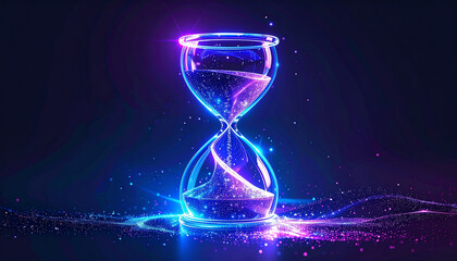 Futuristic luminous hourglass filled with swirling glowing particles. Neon blue and purple lights