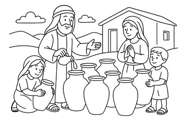 Biblical scene of elisha's oil miracle with family in ancient setting for spiritual education