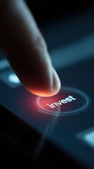 Macro shot of a finger pressing a glowing Invest button on a smartphone. The vertical composition conveys commitment and portfolio growth, ideal for app onboarding, finance ads, blog headers