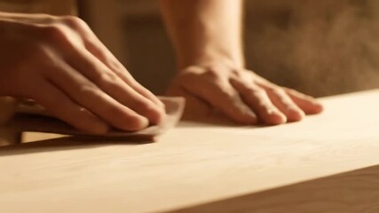 Hands Sanding Wood - Close-up view of hands carefully sanding a light-colored wood surface, creating a smooth finish. Dust particles are visible in the air, highlighting the woodworking process.