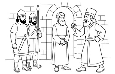 Fototapeta premium Debate outside city gate with historical figures in traditional attire - line art for storytelling or educational materials