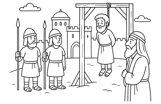 Historical scene of haman on gallows with soldiers and ancient city background