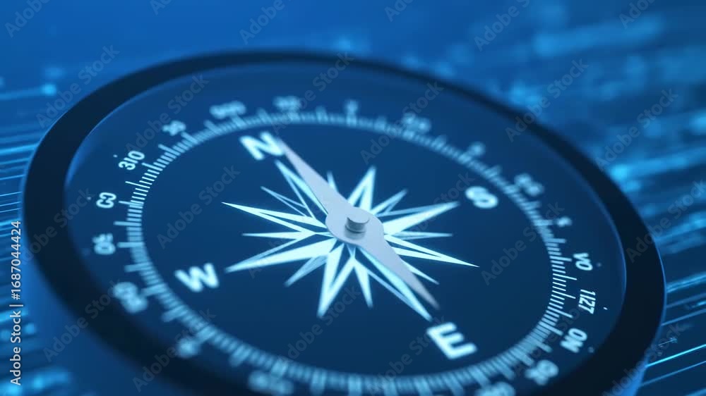 Poster digital compass navigation - a close-up shot of a sleek digital compass on a blue technological back