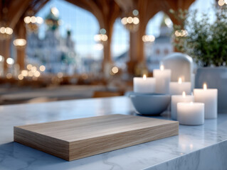 Empty wooden board displaying products with burning candles and blurred church background