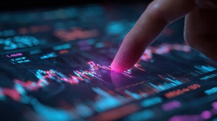 Fototapeta premium Close Up of Finger Touching Financial Chart on Digital Screen Display