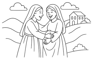 Obraz premium Joyful reunion of women in countryside landscape for greeting card or poster design