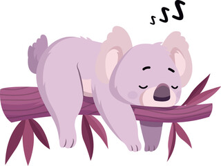 Cute Koala Sleeping On Tree Branch Cartoon Character Vector Design