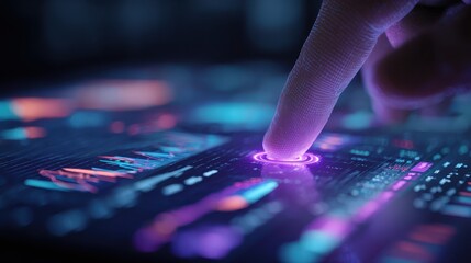 Close-Up of Finger Touching Interactive Digital Interface with Neon Lights