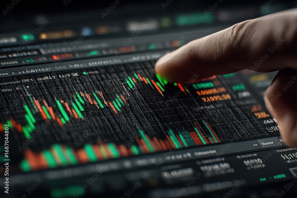 Poster close-up view of stock market trading interface with vibrant graphs and data