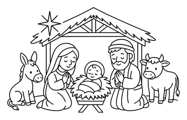 Nativity coloring scene featuring christmas manger with baby jesus for holiday activities © 123levit