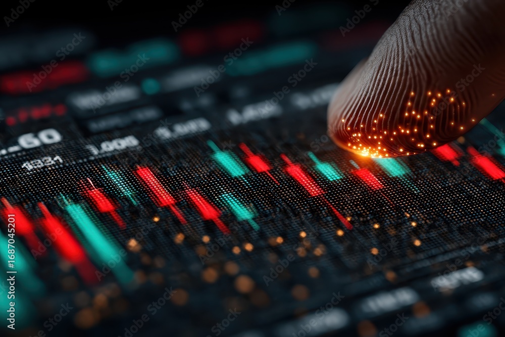Aufkleber finger on stock chart with data analysis and digital effect