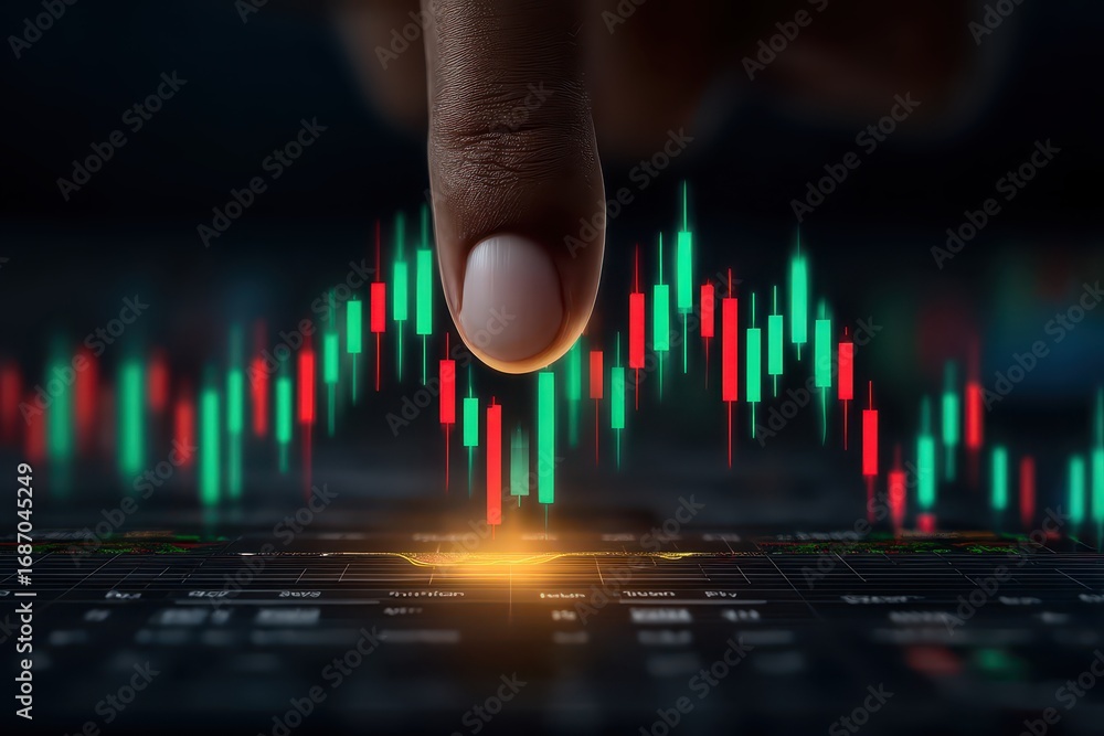 Poster finger pointing at stock market graph with green and red candlestick patterns