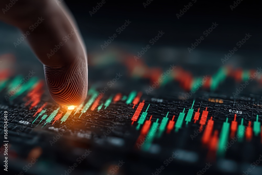 Poster finger touching digital stock market data with charts and graphs display