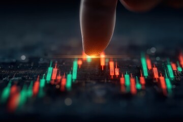 Finger Touching Digital Stock Market Data Chart with Colorful Graphs