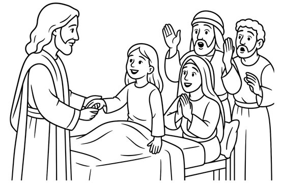 Miracle of jairus' daughter: biblical scene in a line art style for religious education