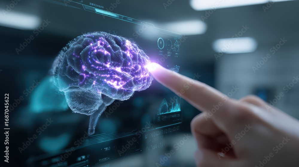 Poster futuristic digital brain interface with interactive data visualization concepts