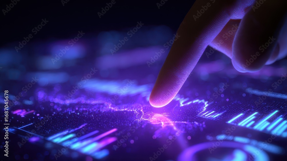 Poster futuristic finger touching digital interface with illuminated graphs and data