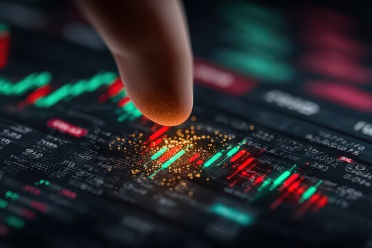 Finger Touching Stock Market Data on Digital Screen with Candle Charts