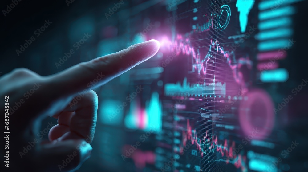 Poster futuristic technology interface with data charts and finger touching screen